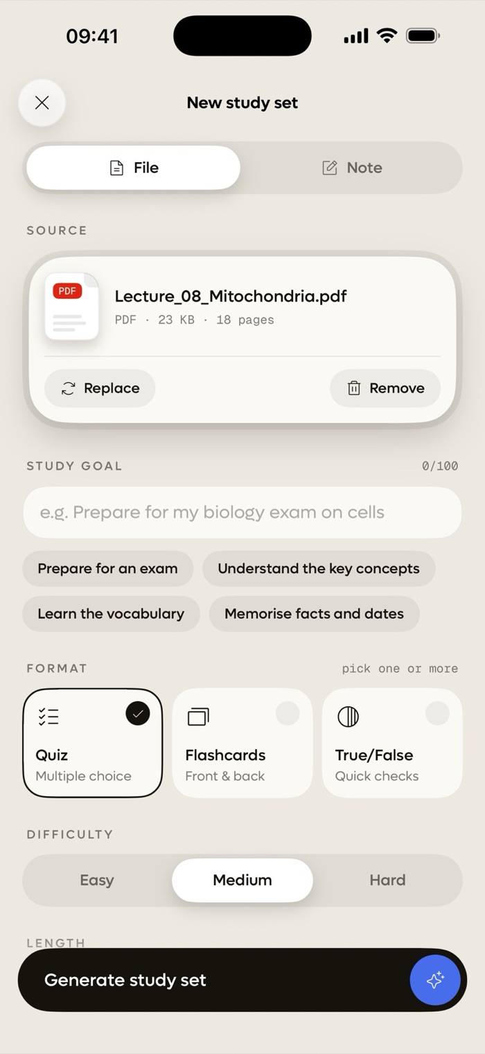 A lecture PDF attached, with study goal, format and difficulty options
