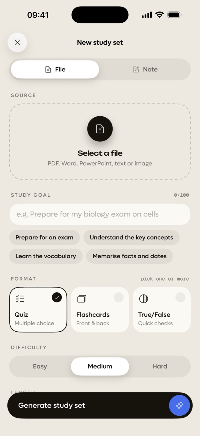 Creating a new study set from a file